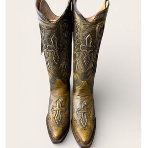 Yadira NWB Laser Cruz Boots 7 Miel Honey Cross Wing Distressed Leather Western